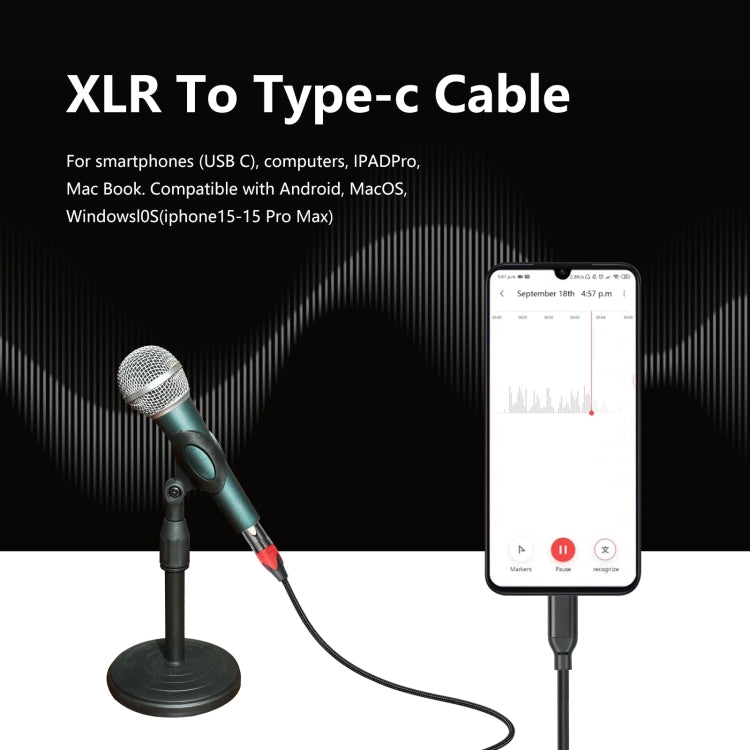 TY03RE Type-C Male to XLR Female Audio Cable for Dynamic Microphone, Length:3m(Black)