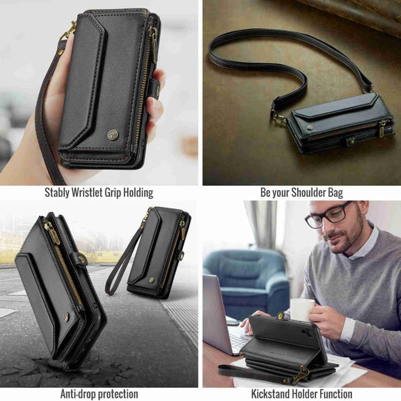 For iPhone XR CaseMe C36 Card Slots Zipper Wallet RFID Anti-theft Leather Phone Case(Black)