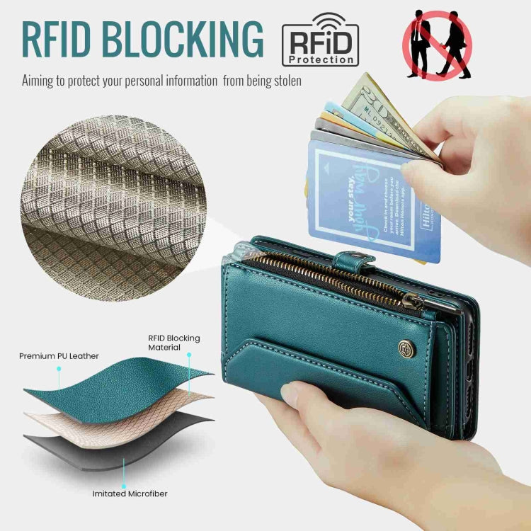 For iPhone XS Max CaseMe C36 Card Slots Zipper Wallet RFID Anti-theft Leather Phone Case(Blue-green)