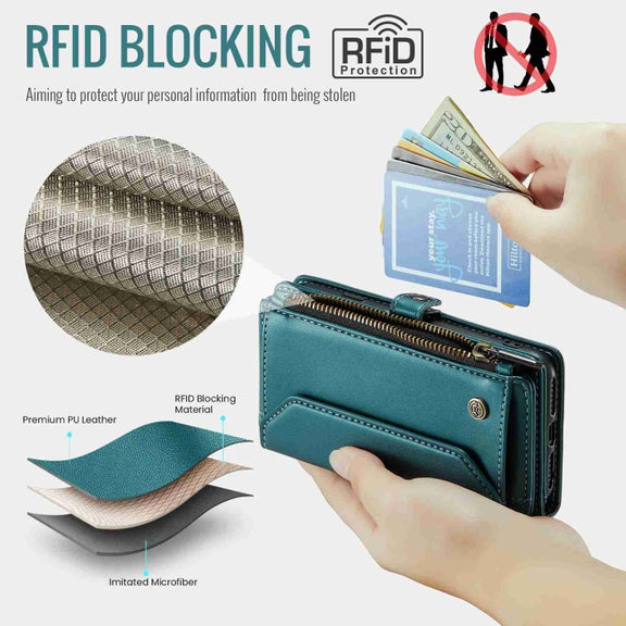 For iPhone 11 CaseMe C36 Card Slots Zipper Wallet RFID Anti-theft Leather Phone Case(Blue-green)