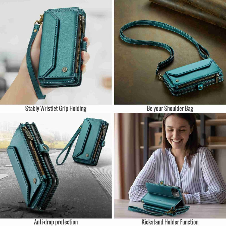 For iPhone 11 CaseMe C36 Card Slots Zipper Wallet RFID Anti-theft Leather Phone Case(Blue-green)