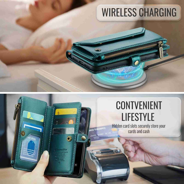For iPhone 11 Pro CaseMe C36 Card Slots Zipper Wallet RFID Anti-theft Leather Phone Case(Blue-green)