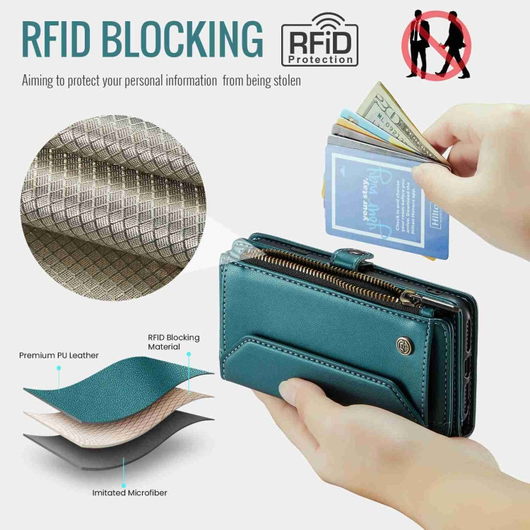 For iPhone 11 Pro CaseMe C36 Card Slots Zipper Wallet RFID Anti-theft Leather Phone Case(Blue-green)