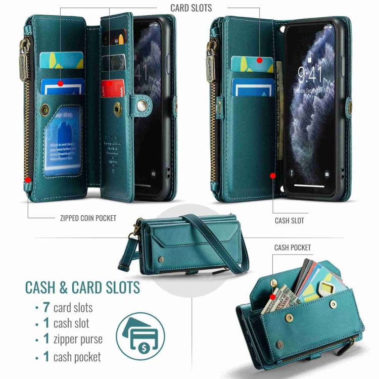 For iPhone 11 Pro Max CaseMe C36 Card Slots Zipper Wallet RFID Anti-theft Leather Phone Case(Blue-green)