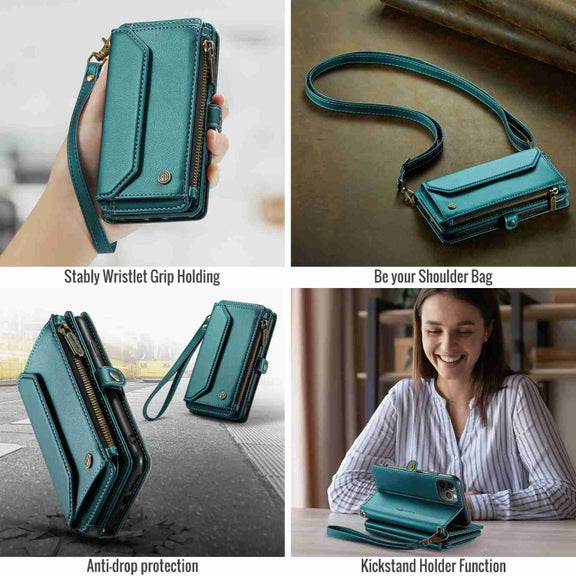 For iPhone 11 Pro Max CaseMe C36 Card Slots Zipper Wallet RFID Anti-theft Leather Phone Case(Blue-green)