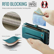 For iPhone 12 Pro Max CaseMe C36 Card Slots Zipper Wallet RFID Anti-theft Leather Phone Case(Blue-green)