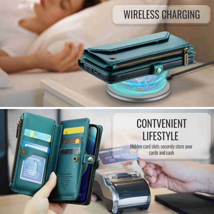 For iPhone 12 CaseMe C36 Card Slots Zipper Wallet RFID Anti-theft Leather Phone Case(Blue-green)