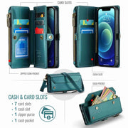 For iPhone 12 mini CaseMe C36 Card Slots Zipper Wallet RFID Anti-theft Leather Phone Case(Blue-green)
