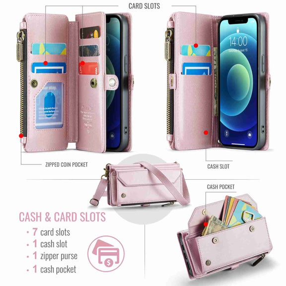 For iPhone 12 mini CaseMe C36 Card Slots Zipper Wallet RFID Anti-theft Leather Phone Case(Pink)
