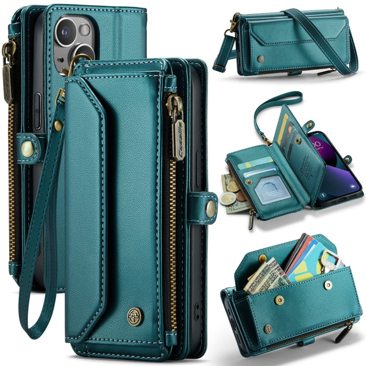 For iPhone 13 CaseMe C36 Card Slots Zipper Wallet RFID Anti-theft Leather Phone Case(Blue-green)
