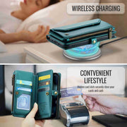 For iPhone 13 Pro CaseMe C36 Card Slots Zipper Wallet RFID Anti-theft Leather Phone Case(Blue-green)