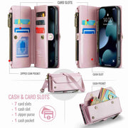 For iPhone 13 Pro Max CaseMe C36 Card Slots Zipper Wallet RFID Anti-theft Leather Phone Case(Pink)