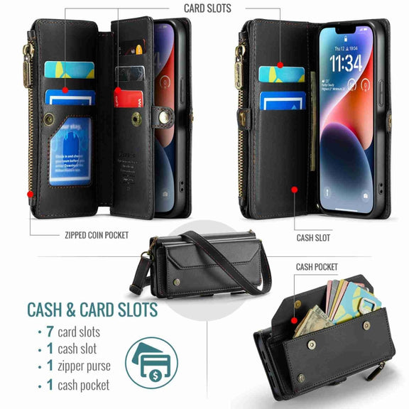 For iPhone 14 CaseMe C36 Card Slots Zipper Wallet RFID Anti-theft Leather Phone Case(Black)