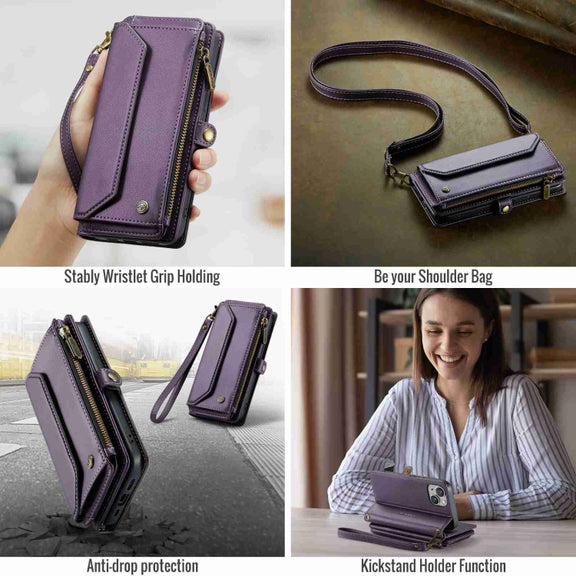For iPhone 14 Plus CaseMe C36 Card Slots Zipper Wallet RFID Anti-theft Leather Phone Case(Purple)