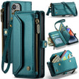 For iPhone 14 Plus CaseMe C36 Card Slots Zipper Wallet RFID Anti-theft Leather Phone Case(Blue-green) - free shipping - PMC Jewellery - Order now!
