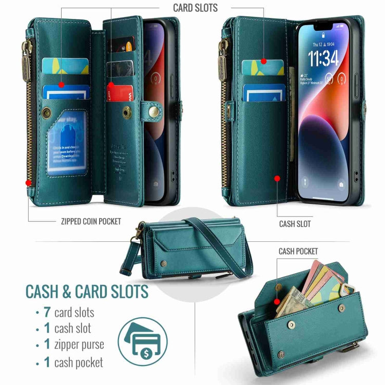For iPhone 14 Plus CaseMe C36 Card Slots Zipper Wallet RFID Anti-theft Leather Phone Case(Blue-green)