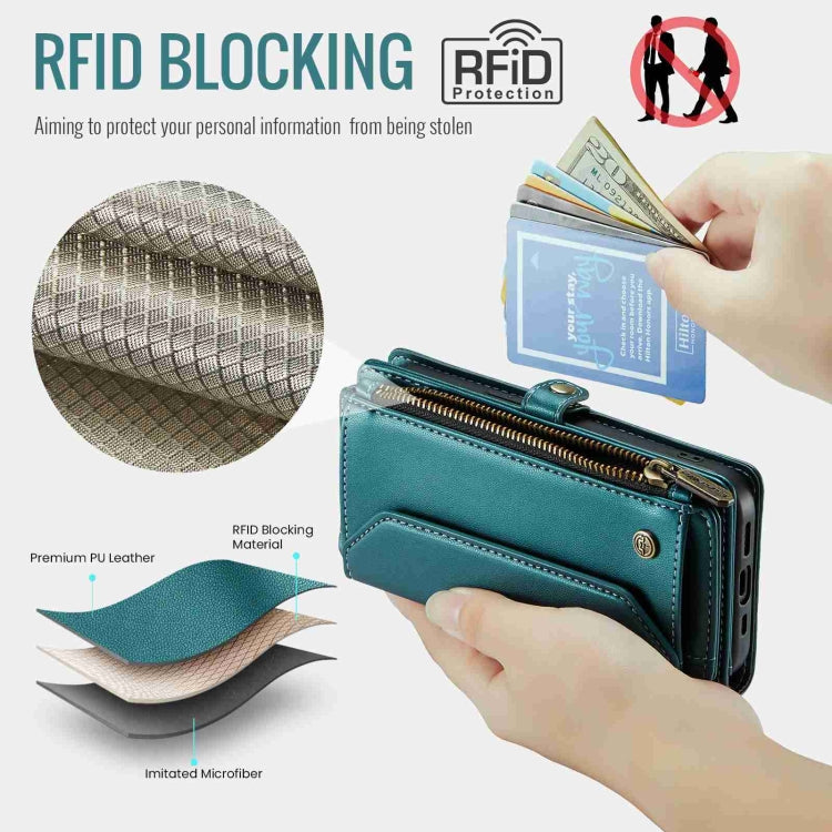 For iPhone 14 Plus CaseMe C36 Card Slots Zipper Wallet RFID Anti-theft Leather Phone Case(Blue-green)