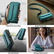 For iPhone 14 Plus CaseMe C36 Card Slots Zipper Wallet RFID Anti-theft Leather Phone Case(Blue-green)