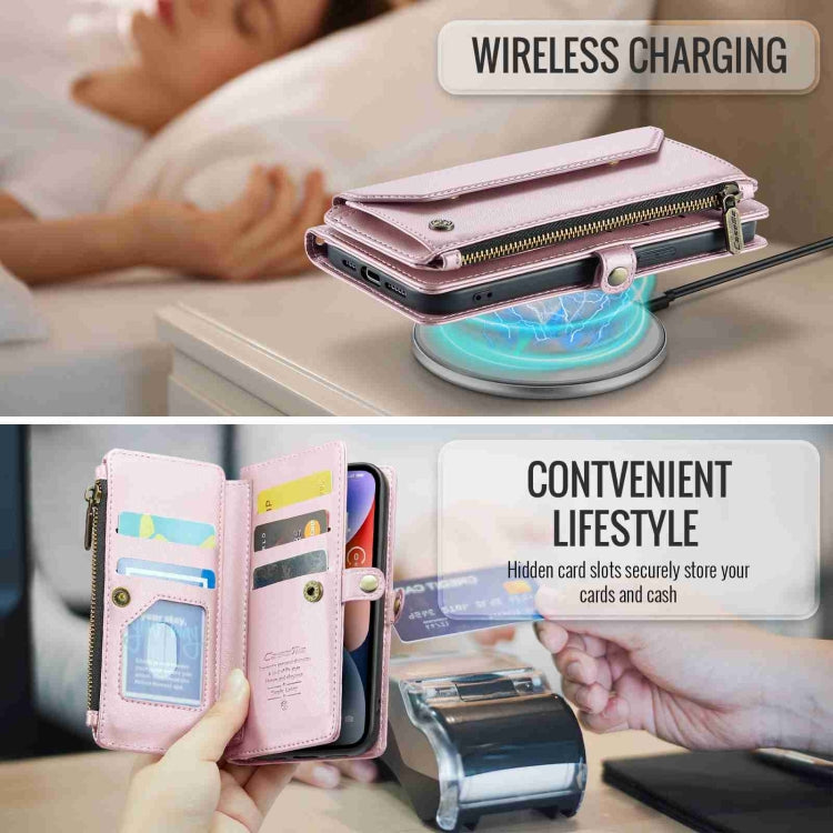 For iPhone 14 Plus CaseMe C36 Card Slots Zipper Wallet RFID Anti-theft Leather Phone Case(Pink)