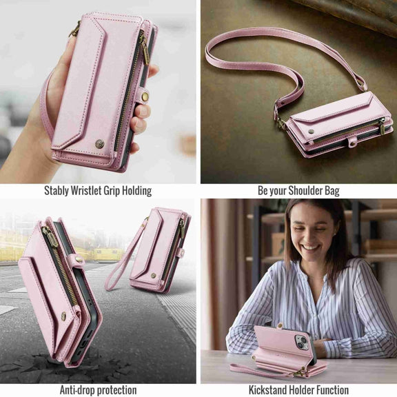 For iPhone 14 Plus CaseMe C36 Card Slots Zipper Wallet RFID Anti-theft Leather Phone Case(Pink)