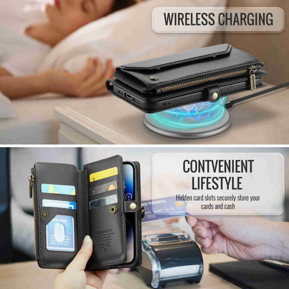 For iPhone 14 Pro CaseMe C36 Card Slots Zipper Wallet RFID Anti-theft Leather Phone Case(Black)