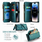 For iPhone 14 Pro CaseMe C36 Card Slots Zipper Wallet RFID Anti-theft Leather Phone Case(Blue-green)