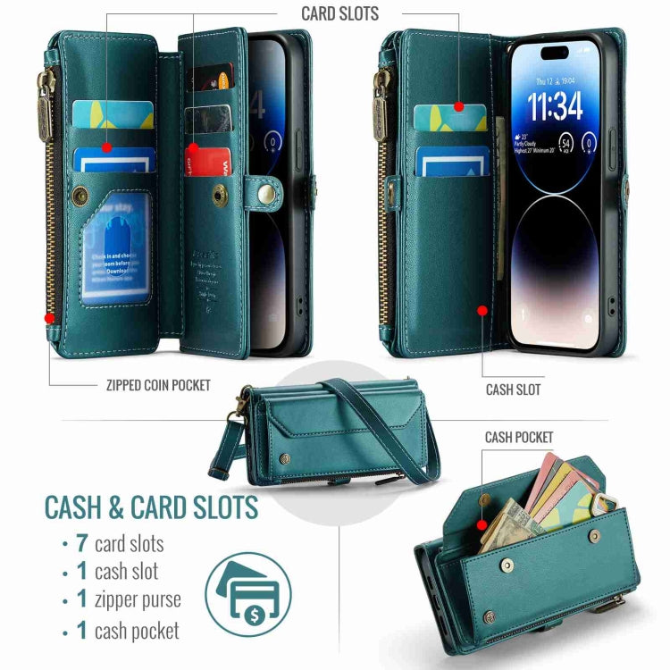 For iPhone 14 Pro CaseMe C36 Card Slots Zipper Wallet RFID Anti-theft Leather Phone Case(Blue-green)
