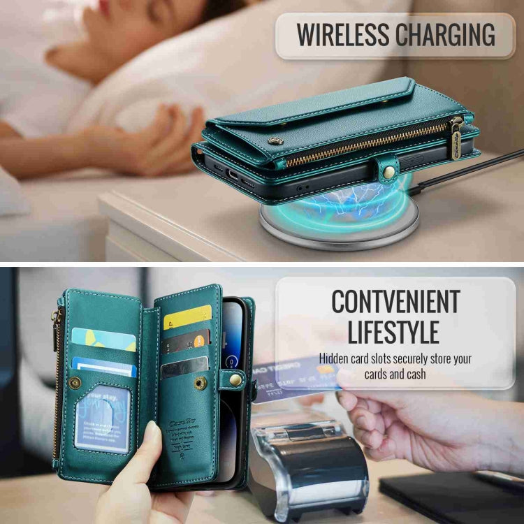 For iPhone 14 Pro CaseMe C36 Card Slots Zipper Wallet RFID Anti-theft Leather Phone Case(Blue-green)