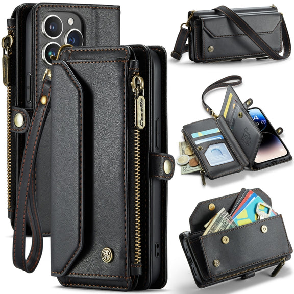 For iPhone 14 Pro Max CaseMe C36 Card Slots Zipper Wallet RFID Anti-theft Leather Phone Case(Black)