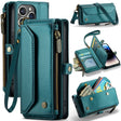 For iPhone 14 Pro Max CaseMe C36 Card Slots Zipper Wallet RFID Anti-theft Leather Phone Case(Blue-green) - free shipping - PMC Jewellery - Order now!