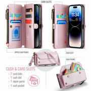 For iPhone 14 Pro Max CaseMe C36 Card Slots Zipper Wallet RFID Anti-theft Leather Phone Case(Pink)
