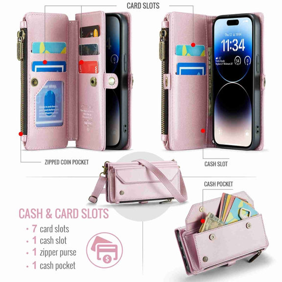 For iPhone 14 Pro Max CaseMe C36 Card Slots Zipper Wallet RFID Anti-theft Leather Phone Case(Pink)