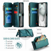For iPhone 15 CaseMe C36 Card Slots Zipper Wallet RFID Anti-theft Leather Phone Case(Blue-green)
