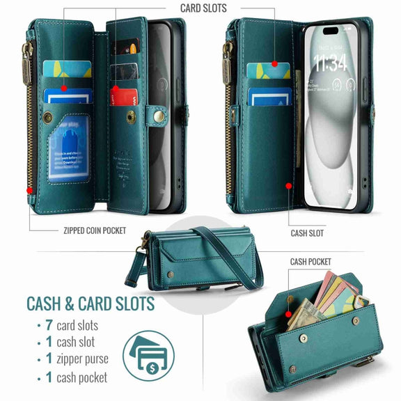 For iPhone 15 CaseMe C36 Card Slots Zipper Wallet RFID Anti-theft Leather Phone Case(Blue-green)