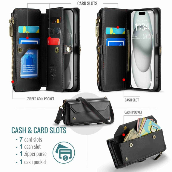 For iPhone 15 Plus CaseMe C36 Card Slots Zipper Wallet RFID Anti-theft Leather Phone Case(Black)