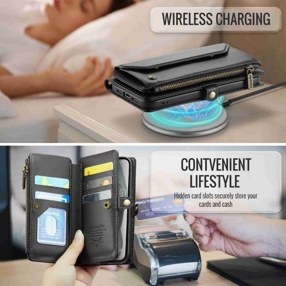 For iPhone 15 Plus CaseMe C36 Card Slots Zipper Wallet RFID Anti-theft Leather Phone Case(Black)