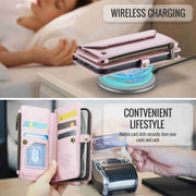 For iPhone 15 Plus CaseMe C36 Card Slots Zipper Wallet RFID Anti-theft Leather Phone Case(Pink)