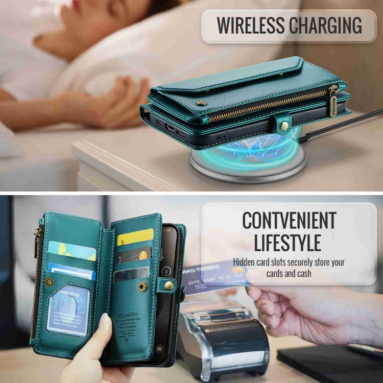 For iPhone 15 Pro CaseMe C36 Card Slots Zipper Wallet RFID Anti-theft Leather Phone Case(Blue-green)