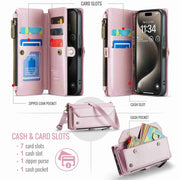 For iPhone 15 Pro CaseMe C36 Card Slots Zipper Wallet RFID Anti-theft Leather Phone Case(Pink)