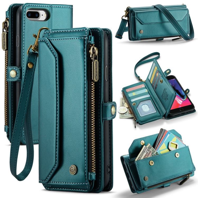 For iPhone 8 Plus / 7 Plus / 6 Plus CaseMe C36 Card Slots Zipper Wallet RFID Anti-theft Leather Phone Case(Blue-green)