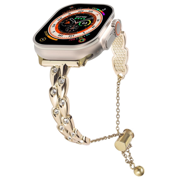 For Apple Watch Ultra 2 49mm Rhinestone Peacock Metal Bracelet Watch Band(Gold)