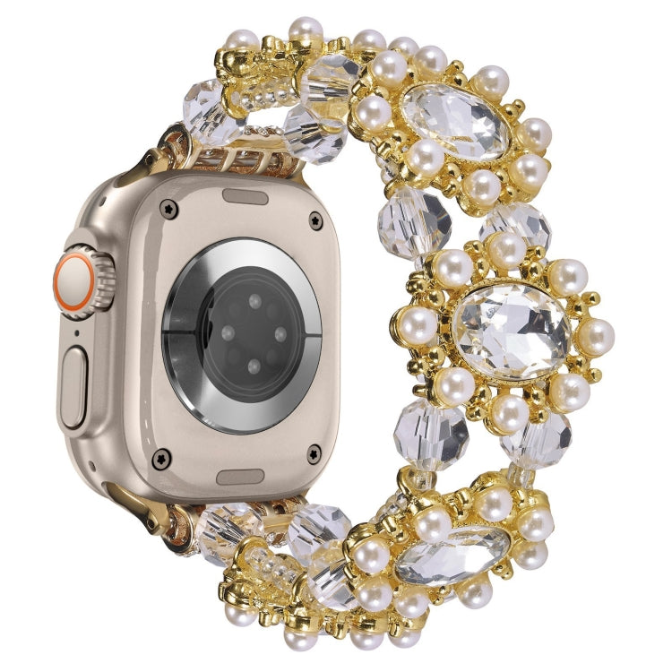 For Apple Watch Ultra 49mm Beaded Pearl Gemstone Bracelet Watch Band(Gold)