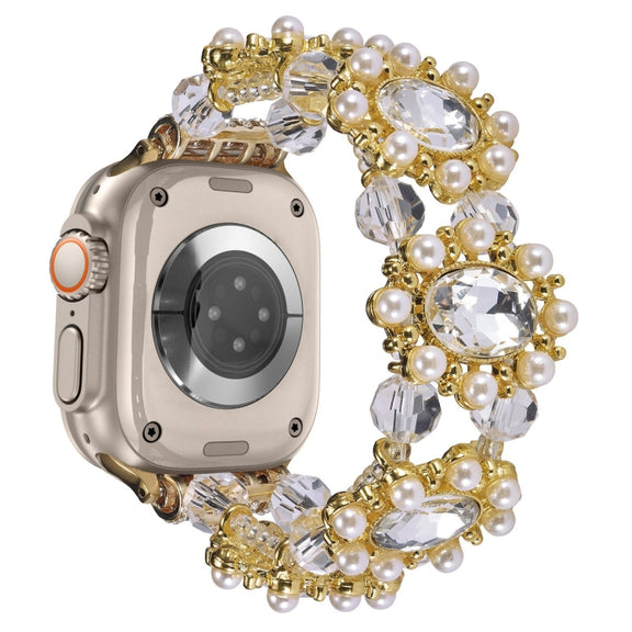 For Apple Watch Ultra 49mm Beaded Pearl Gemstone Bracelet Watch Band(Gold)