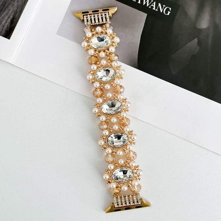 For Apple Watch 42mm Beaded Pearl Gemstone Bracelet Watch Band(Gold)