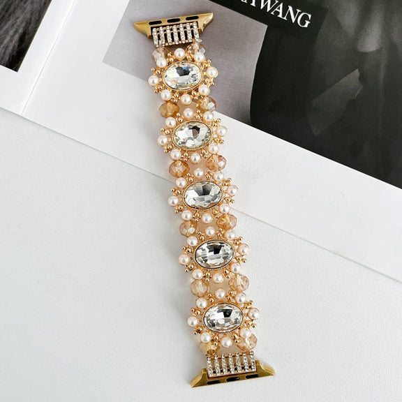 For Apple Watch 38mm Beaded Pearl Gemstone Bracelet Watch Band(Gold)