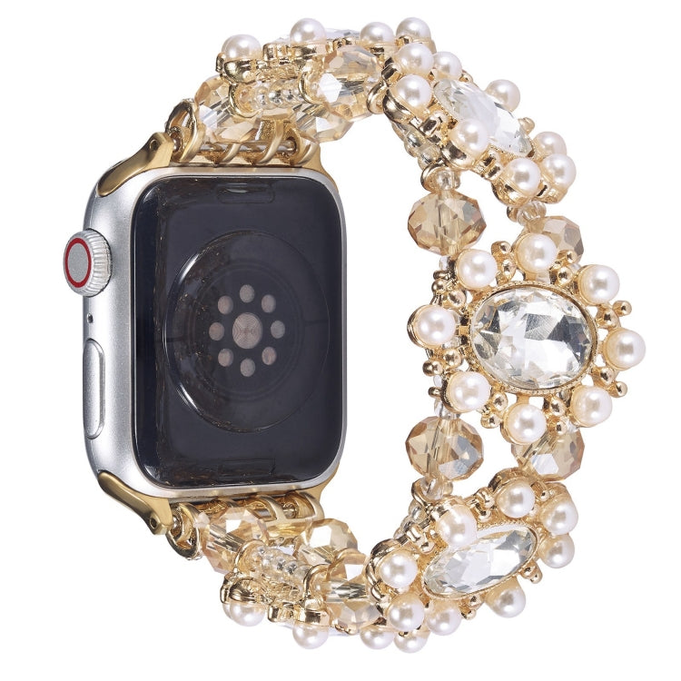 For Apple Watch 38mm Beaded Pearl Gemstone Bracelet Watch Band(Light Gold)