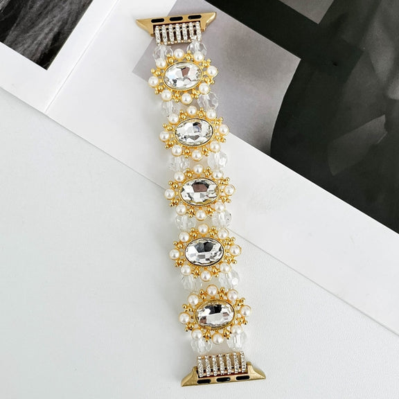 For Apple Watch 38mm Beaded Pearl Gemstone Bracelet Watch Band(Light Gold)