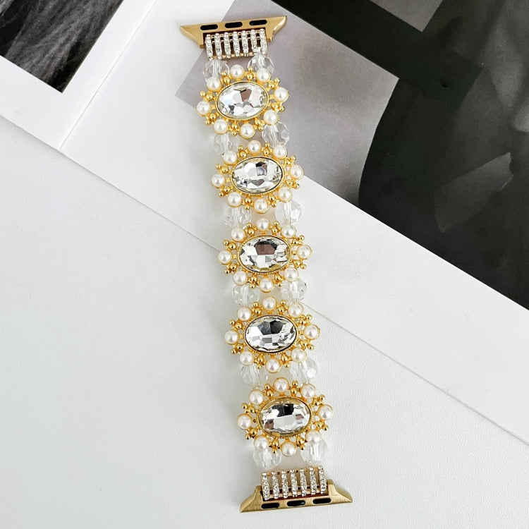 For Apple Watch 38mm Beaded Pearl Gemstone Bracelet Watch Band(Light Gold)