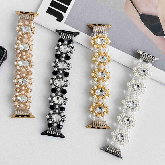 For Apple Watch 42mm Beaded Pearl Gemstone Bracelet Watch Band(Light Gold)