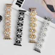For Apple Watch SE 44mm Beaded Pearl Gemstone Bracelet Watch Band(Light Gold)